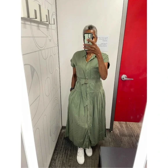 Women's Short Sleeve Belted Midi Shirtdress Green Universal Thread L - Picture 3 of 5